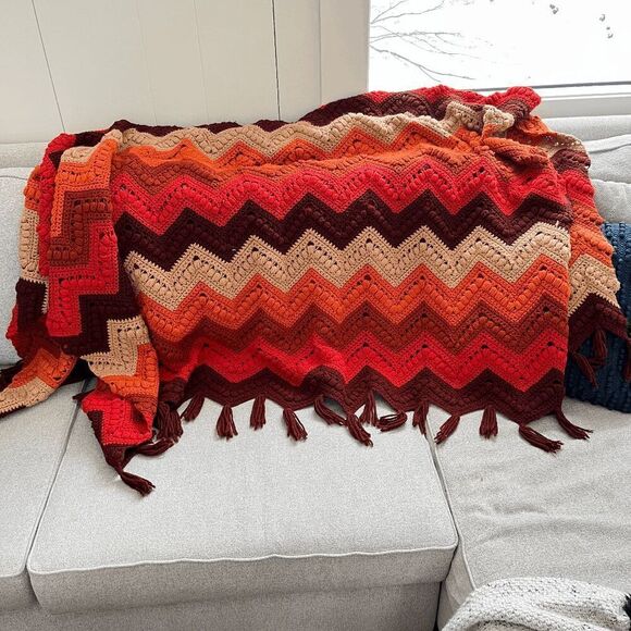 Vintage 70s Handmade Afghan Blanket Zigzag Chevron Striped Fringe 5'8" x 6' - Picture 1 of 8